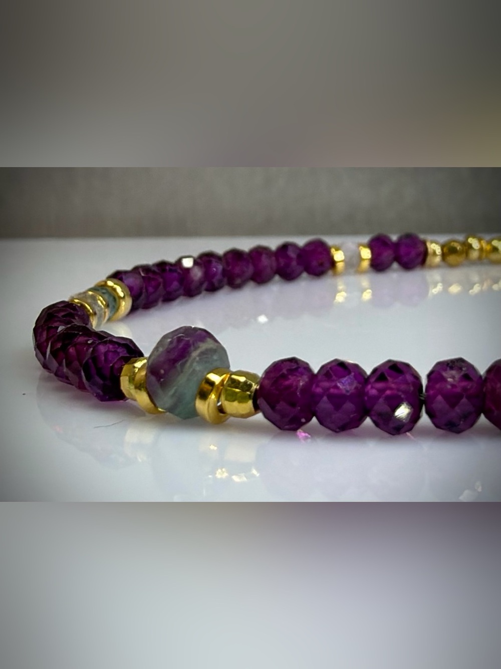 💜ONE OF A KIND💜
Deep Purple Garnet & Fluorite Focal Bracelet in 18k Gold FiIl - Picture 3 of 5